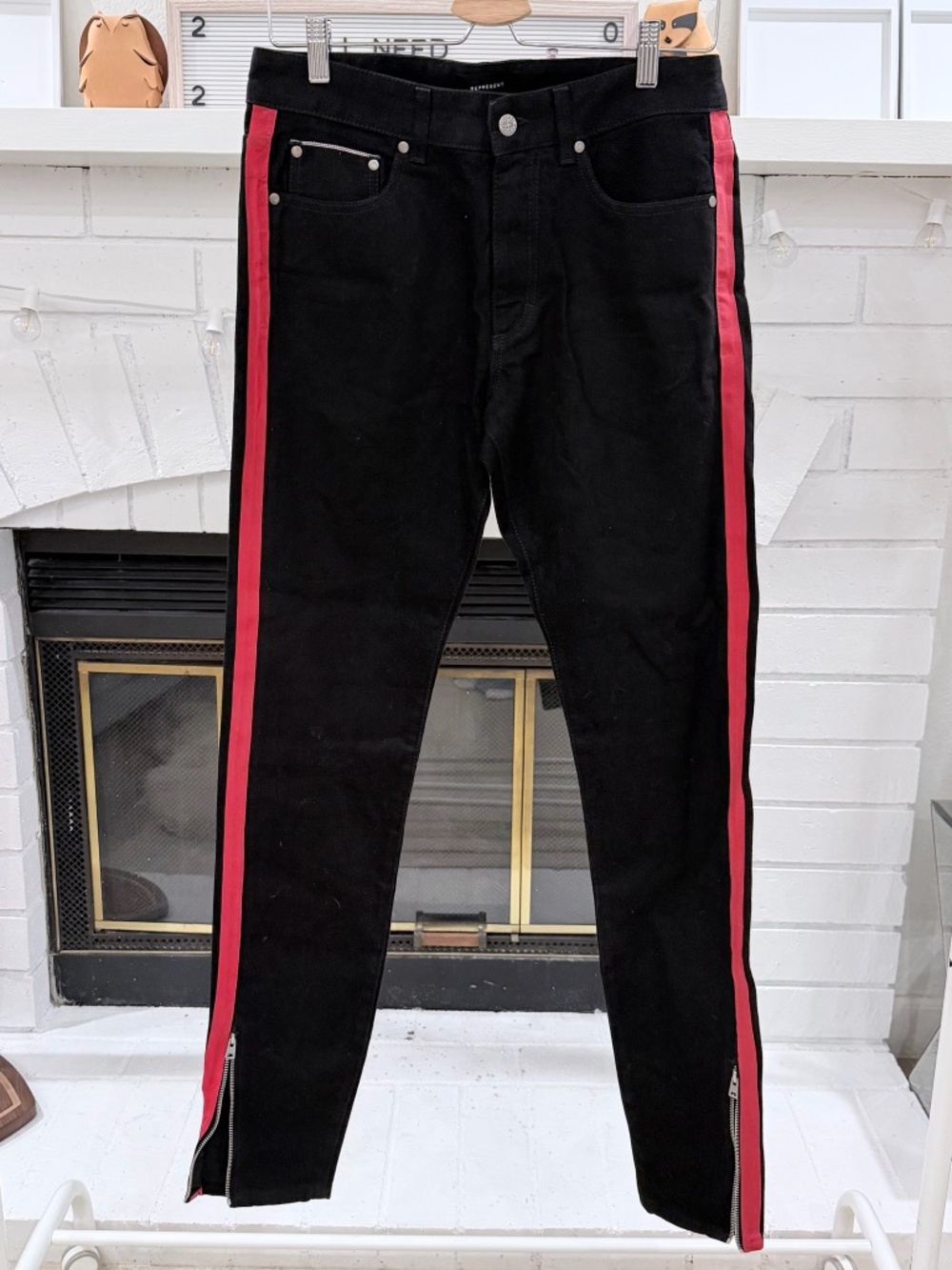 Represent Red Stripe Sides Selvedge Denim 001 Black Ankle Zip Skinny Jeans